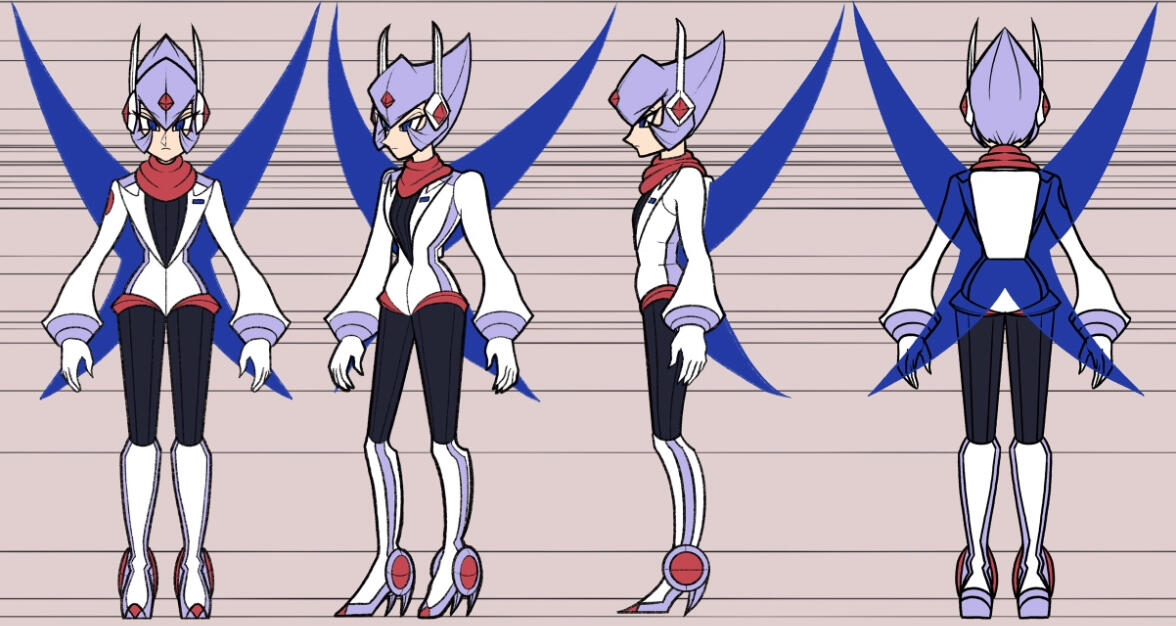 Turnaround for Xenon, showing front, 3/4, side, and back views. Her design incorporates various uses of the gas, including satellites, car headlights, and ruby lasers. Programs: Adobe Photoshop, Procreate.