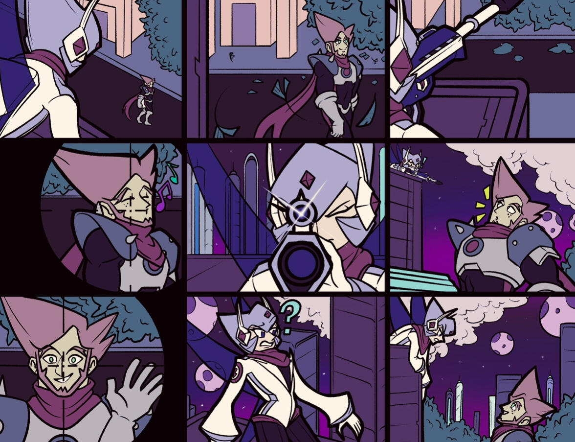Color script of the scene in Chempire depicting the moment of Iron and Xenon first meeting. Programs: Adobe Photoshop, Procreate.