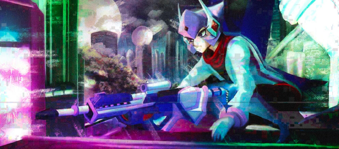 Key art of the character Xenon from Chempire, atop a building in a futuristic city at night, an important prop at her side. Programs: Adobe Photoshop, Procreate.