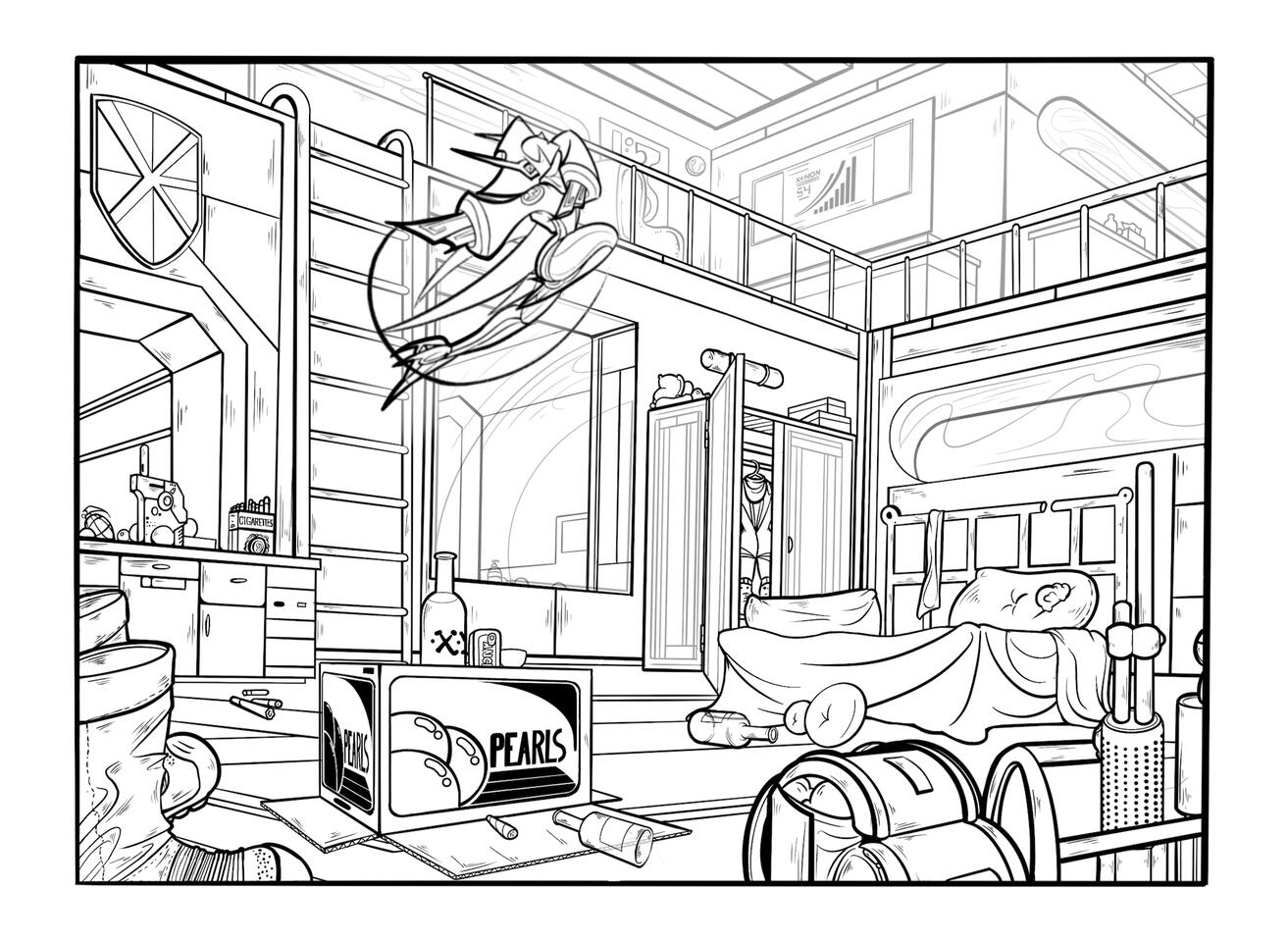 Indoor study of Xenon (Chempire)'s military base with her practicing above. Shows her messy habits, stealthy style, and hi-tech environment that is key to her character.