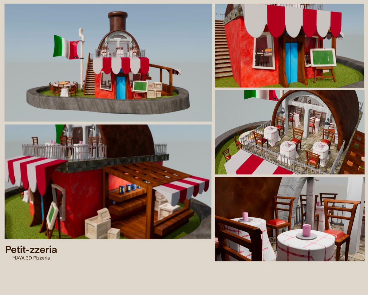A 3D model of a simplified pizzeria, including food, chairs, boxes, pasta samples, ambiance, and more! Now sold with a concrete platform! Programs: Adobe Photoshop, Procreate, Autodesk MAYA.