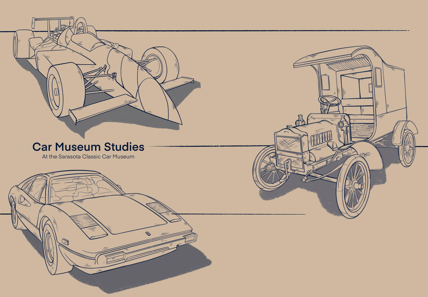 Car studies drawn live at the Sarasota Classic Car Museum.