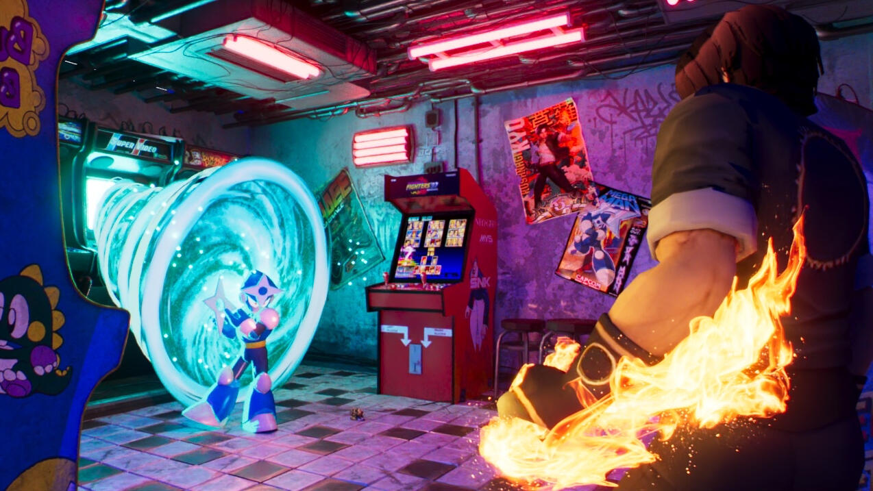 A scene of Shadow Man (Capcom) fighting Kyo Kusanagi (SNK). Assets sourced from elsewhere, lighting, rendering, and compositing are all my work.